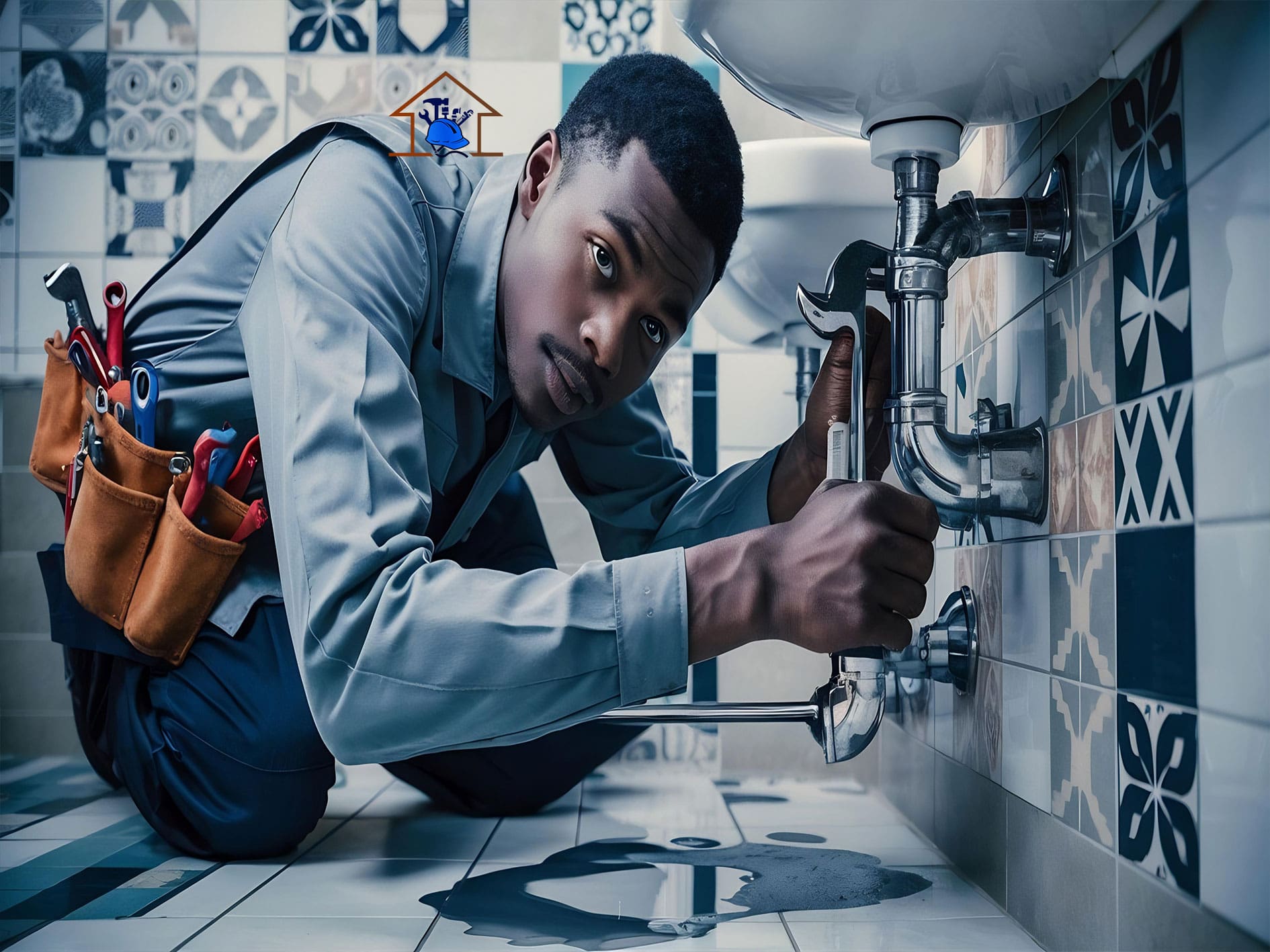 “Professional plumber fixing a leaking sink pipe in a modern bathroom in Ghana”